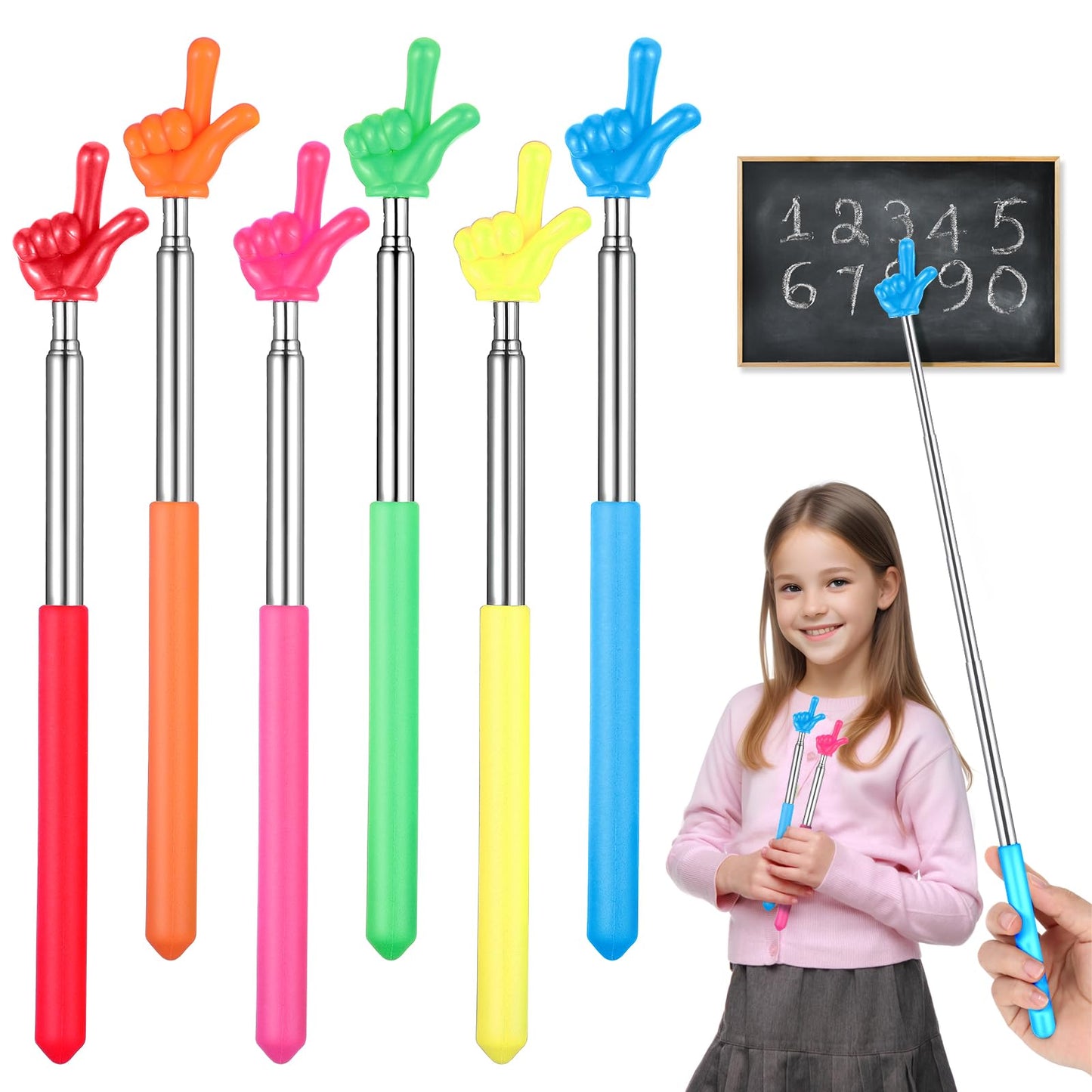 oruola 6pcs Teacher Pointer Sticks Finger,Finger Pointer Stick,Pointer Stick for Classroom,Extends to 22.64" Retractable Teacher Pointer Fingers for Classroom Supplies(Multicolor)