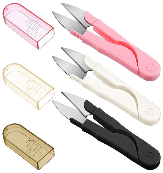 3 Pcs Thread Snips for Sewing, Portable U-Shape Embroidery Scissors with Cover for Crocheting Knitting Yarn, Stainless Steel Thread Cutters Ergonomic Nippers (Black, White, Pink)