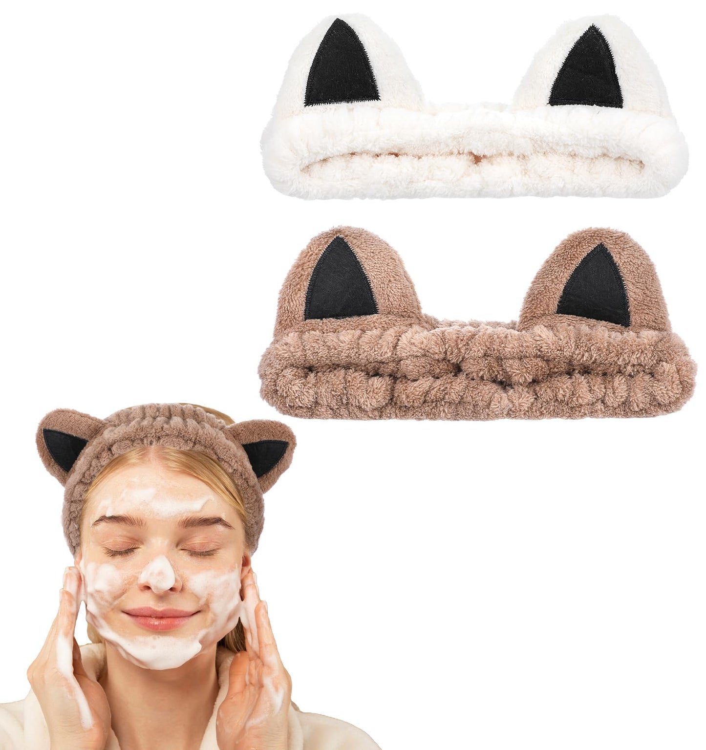 Cute Skincare Headband, 2 Pcs Off White and Brown Cat Ears Headband, Puffy Animal Headbands for Women and Girls, Cute Elastic Spa Makeup Headband, Cute Headband for Washing Face