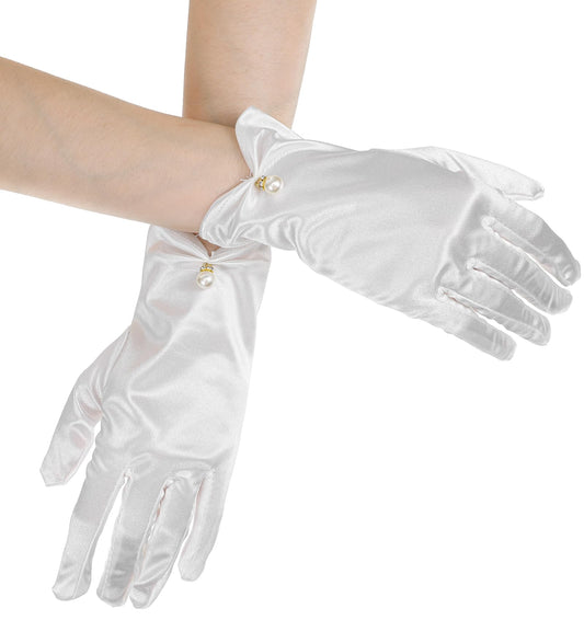 Thrymme White Gloves Women, Short White Satin Gloves for Women Elegant Dress Glove Perfect for Wedding Bride, Tea Parties & Formal Events, 1920s Style, 1Pair