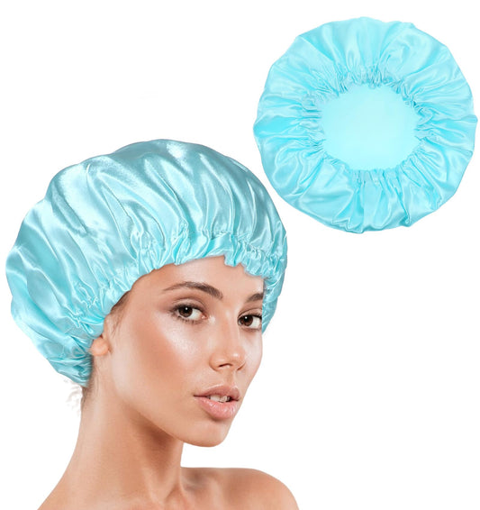 Large Shower Cap, 32 cm Elastic Adjustable Shower Hat, Reusable Waterproof Plastic Showers Cap for Kids, Women, Girls, All Hair Types, Blue