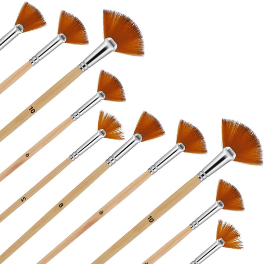Classicseali 10pcs Fan Brush,Fan Brushes for Acrylic Painting,Watercolor Fan Brush with Long Wood Handle Premium Nylon Hair,5 Sizes Fan Paint Brush for Versatile Art Projects