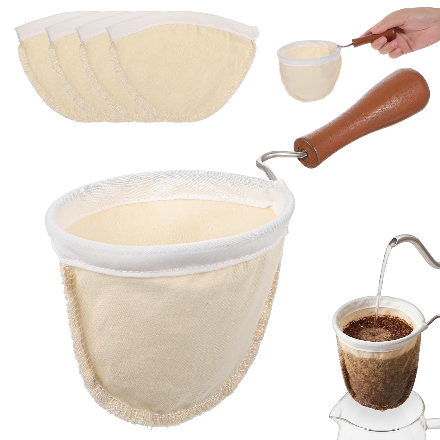 Elegaperma 5Pcs Cloth Coffee Filters Reusable with Wooden Handle and 4 Bags
