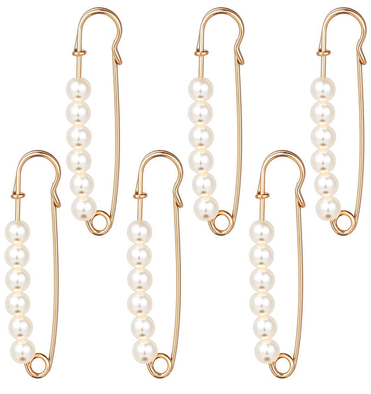 Decorative Safety Pins for Clothing, 6 Pcs Metal Pearl Pins for Shirts, Clothes Tighten, Women Girls (2.95 Inch, Gold)