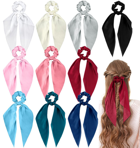 10 pieces of women's detachable silk satin headband, long ribbon bow, ponytail holder, elastic headband