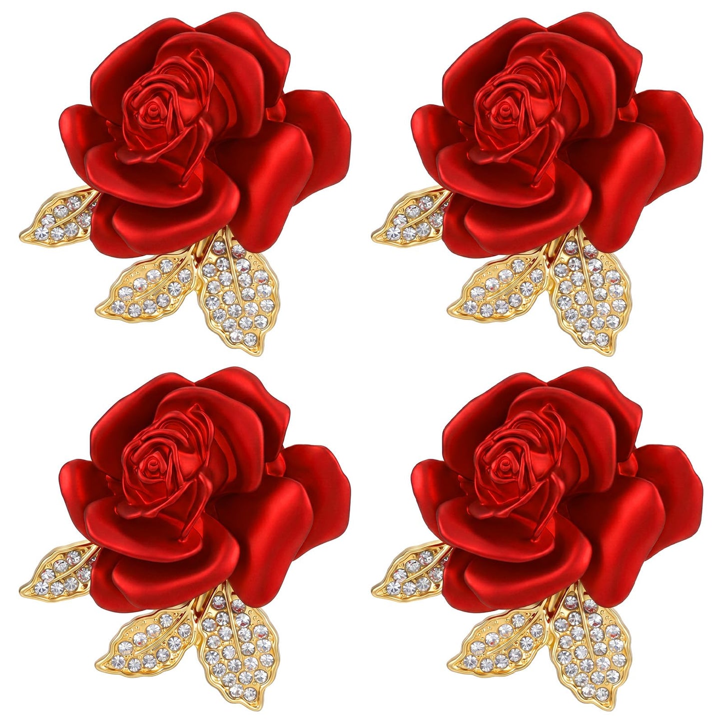 Elegaperma 4pcs Rose Brooch, Elegant Red Rhinestone Rose Pin