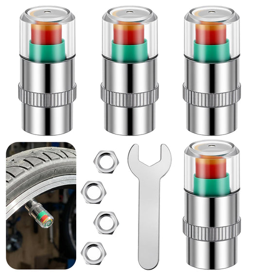 4 Pcs Tyre Pressure Caps for Cars, Stainless Steel & Glass Safety Sensors Indicator with 3 Colours, Air Valve Caps for Motorcycles Bikes (2.2 x 1 cm)