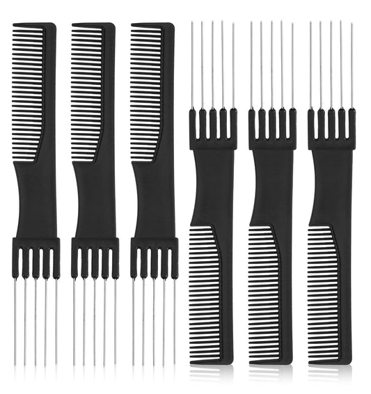 6 Pcs Teasing Comb, Styling Comb with Metal Tail Pick for Women, Styling Parting, Teasing, (Black)