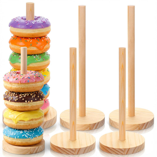 guduling 4 Pcs Donut Stands, Natural Wooden Donut Holder Stand Party Set of 4, Durable Donuts Holder with Round Base for Donuts, Cupcakes & Pastries, Party Serving Set for Weddings & Bakeries