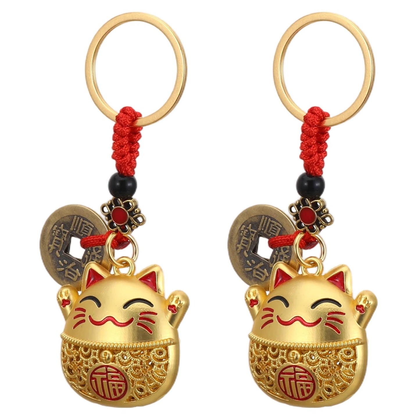 Thrymme 2 Pack Lucky Cat Keychain, 2 Inch Japanese Keychain for Women, Girls, Kids (Gold)