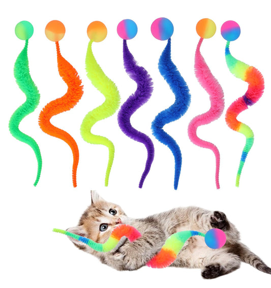 Elegaperma 14Pcs Fuzzy Worm Cat Toy, Colorful Cat Bouncy Ball with Tail Set, Interactive Fuzzy Worms Toy for Indoor Cat Amusement & Exercise