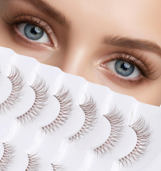 7 Pairs Brown Lash Strips, Natural Cat Eye False Lashes Wispy Volume C-Curly Brown Eyelashes with Clear Band, Faux Mink Lashes for Natural Look
