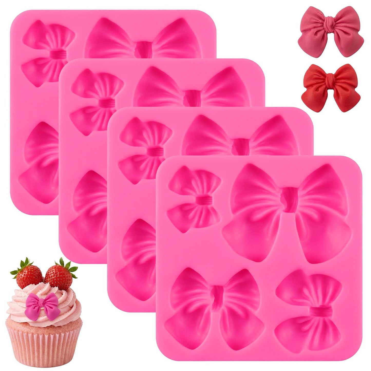 Elegaperma 4 Pcs Bow Chocolate Molds Silicone, Bow Molds Silicone, Pink Silicone Chocolate Molds for Baking and Craft Projects