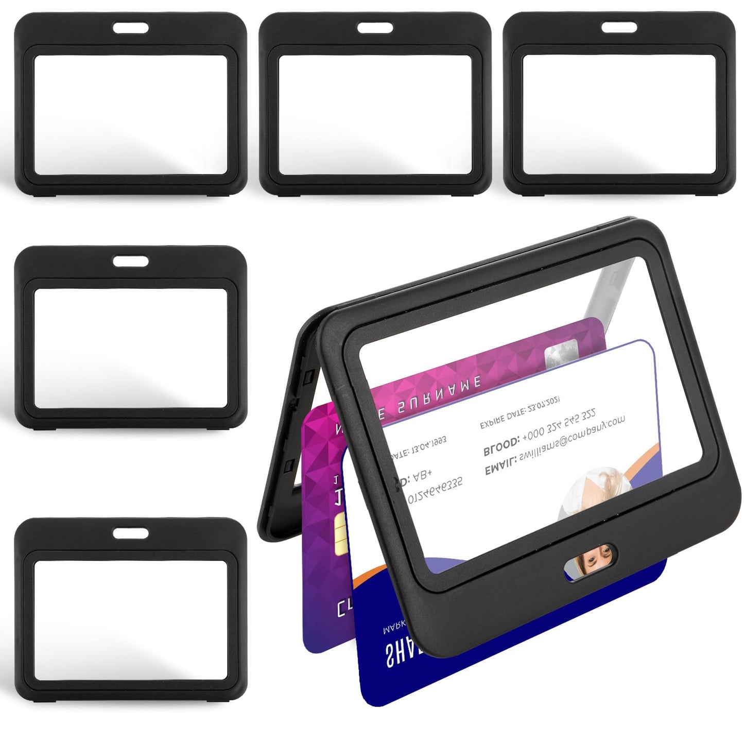 Classicseali 6pcs ID Holder,Hard Plastic Badge Holder Horizontal with Double-Sided Clear Windows,Plastic ID Badge Holder for Office,School,ID Credit Cards,Driver’s Licenses,Black