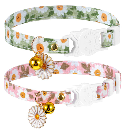 2 Pack Cotton Breakaway Cat Collars Set with Bell and Flower Pendant, Cute Girl Cats Collars for Kittens, Floral Patterned Female Collar, Adjustable 7.5-11 Inch