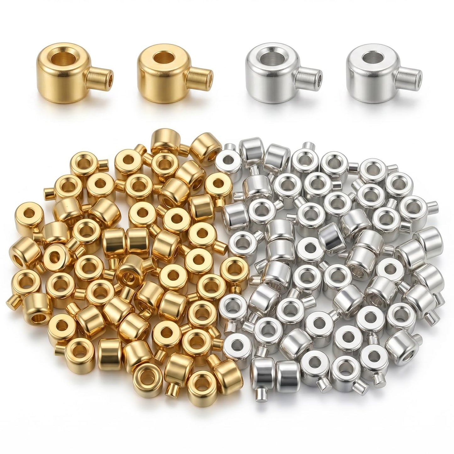 Elegaperma 100 Pcs Crimp Beads for DIY Jewelry Making, 2.3 x 1.5 Inch Copper Stopper Beads in Gold & Silver