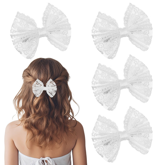 White Hair Bow, 3Pcs Cute Lace Bow with Alligator Clips for Flower Girl Accessories Wedding Hairpins Party Dress Decor, 3 Inch