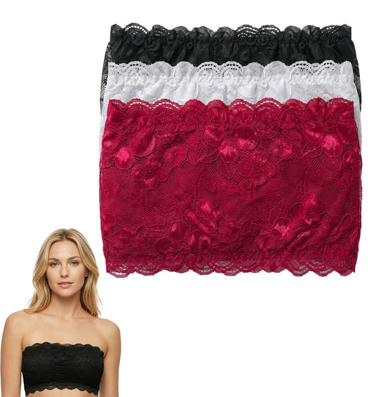3 Pcs Bandeau Bra Lace, Stretchy Breathable Non-Slip Edge Removable Pads
