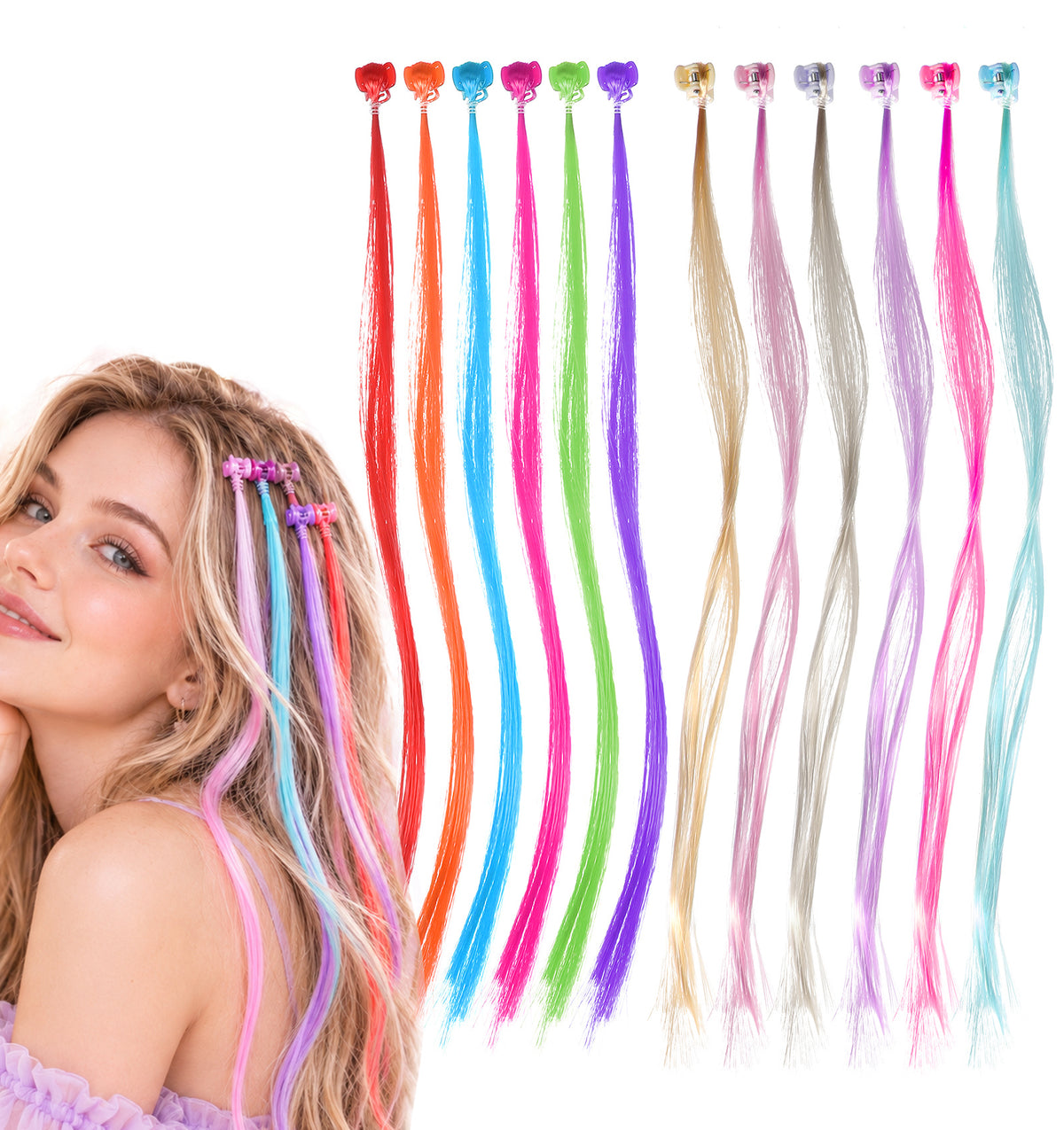 Coloured Hair Extensions, 24PCS Rainbow Hair Extensions for Party Cosplay