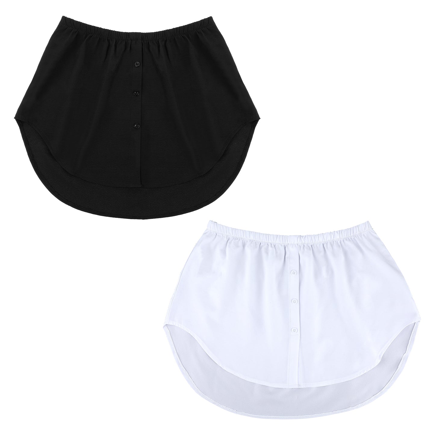 oruola 2pcs Shirt Extender for Women,Adjustable Layered Fake Top Lower Sweep Shirt Skirt,Soft and Comfortable,Elastic Waist,Mini Skirt Shirt Extenders,Versatile Hem,Reusable (Black, White)