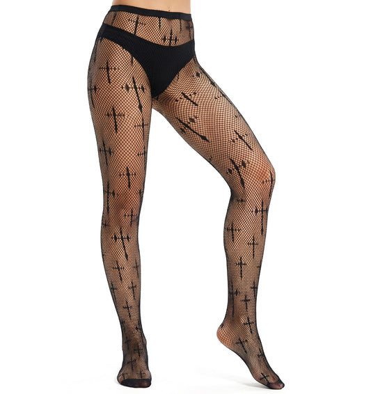 FRCTLNKG Fishnet Tights Womens, Black Fishnet Tights For Women Patterned Gothic Cross Lace Fish Net Design Sheer Stretchy Fishnets Pantyhose For Music Festival & Party (One Size Fits Most)