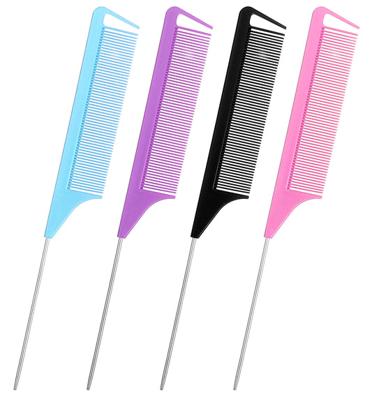 4 Pack Parting Comb, Rat Tail Hair Comb with Stainless Steel Pintail, Part Combs for Sectioning & Styling, Professional Hair Styling Tool for Braiding