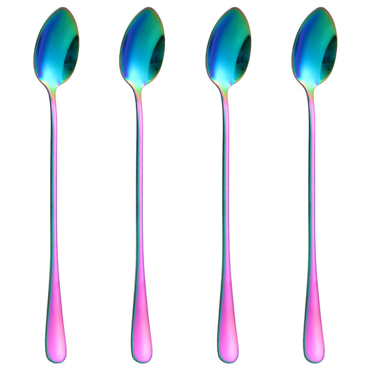 Guduling 4 Pcs Long Teaspoons,Sundae Spoons,Long Spoons for Latte Glasses,Stainless Longs Handled Teaspoon for Coffee, Tea, Desserts, Ice Cream, and More (Rainbow)