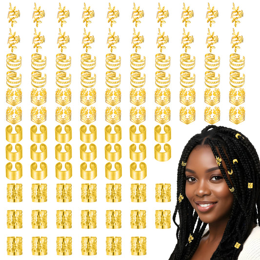 Guduling 100 Pcs Gold Hair Rings,Hair Cuffs Gold,Metal Locs Hairs Beads,Braid Rings Cuffs Clips, Boho Chic Hairs Decorations for Women and Girls
