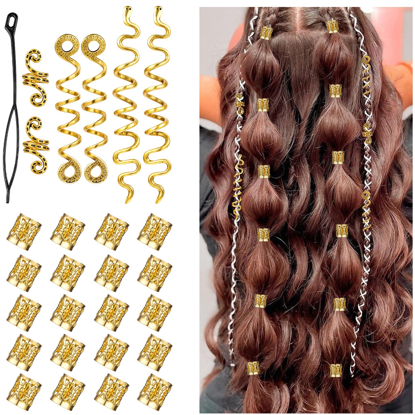 Classicseali Hair Charms for Braids, 4 Styles Gold Cuffs for Hair, Durable and Resistant to Deformation and Fading, Braid Accessories, Dreadlocks and Pigtails for Men, Women, and Girls