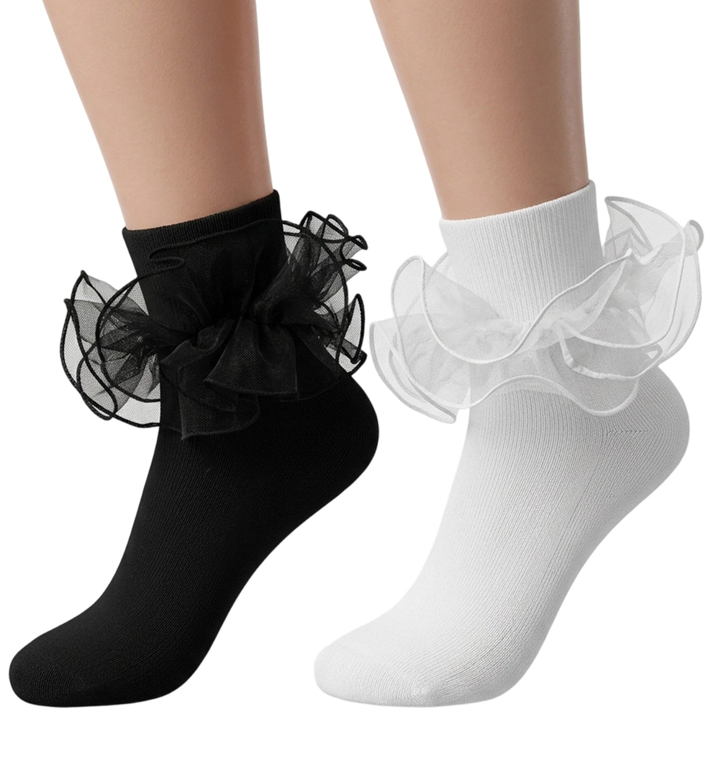 ValueBargain Ruffle Socks, 2 Pairs Frilly Socks Women Girls with Lace Frilly Edge, Breathable & Soft (White & Black)