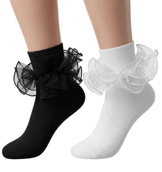 ValueBargain Ruffle Socks, 2 Pairs Frilly Socks Women Girls with Lace Frilly Edge, Breathable & Soft (White & Black)