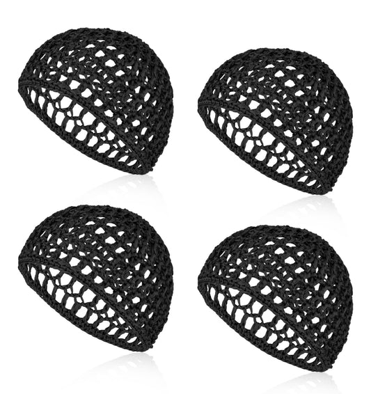 4Pcs Hair Nets, Black Comfortable Mesh Hair Nets for Sleeping in Wrap Cap, Mesh Crochet Design Wrap Cap Bonnet for Silk Press, Fitted Head Cover Perfect for Curls Shower Sleep, 20-22 Inch