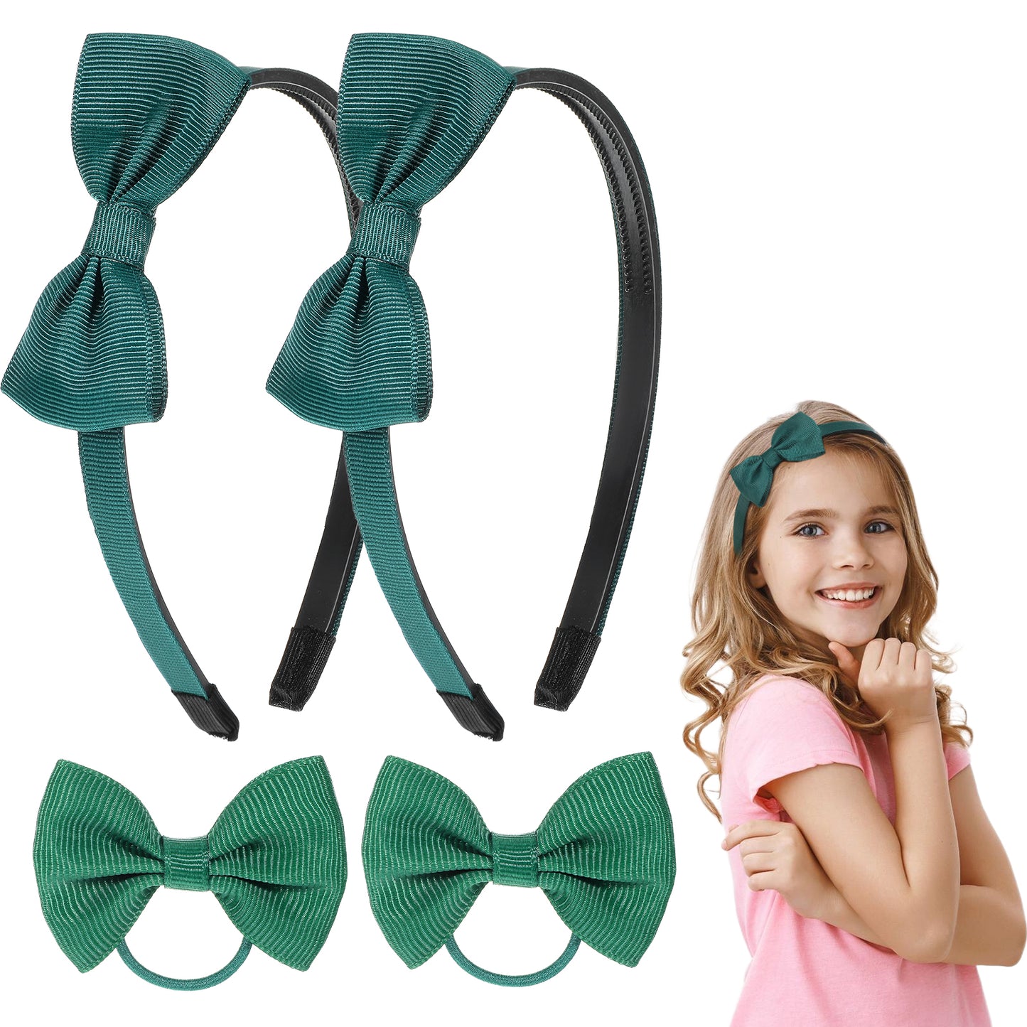 Oruola 2pcs School Bows Green Headbands Alice Bands,Green School Hair Accessories for Girls,Elegant Green Hair Band for Uniforms with 2 Green Bows Elastics Bands,Bow Set Hair Accessories Birthday Gift
