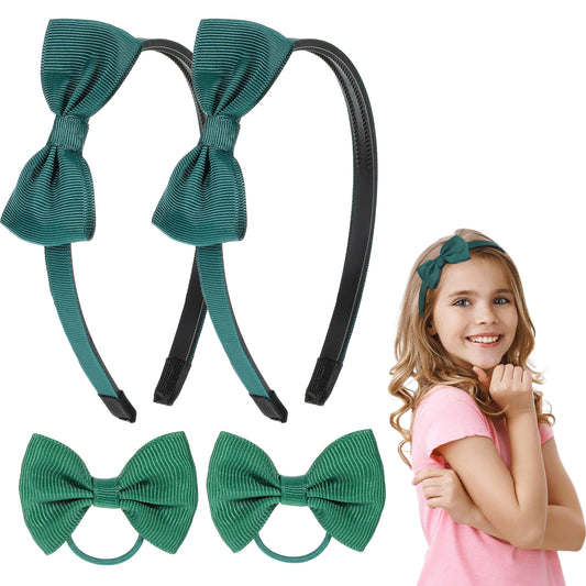 Oruola 2pcs School Bows Green Headbands Alice Bands,Green School Hair Accessories for Girls,Elegant Green Hair Band for Uniforms with 2 Green Bows Elastics Bands,Bow Set Hair Accessories Birthday Gift