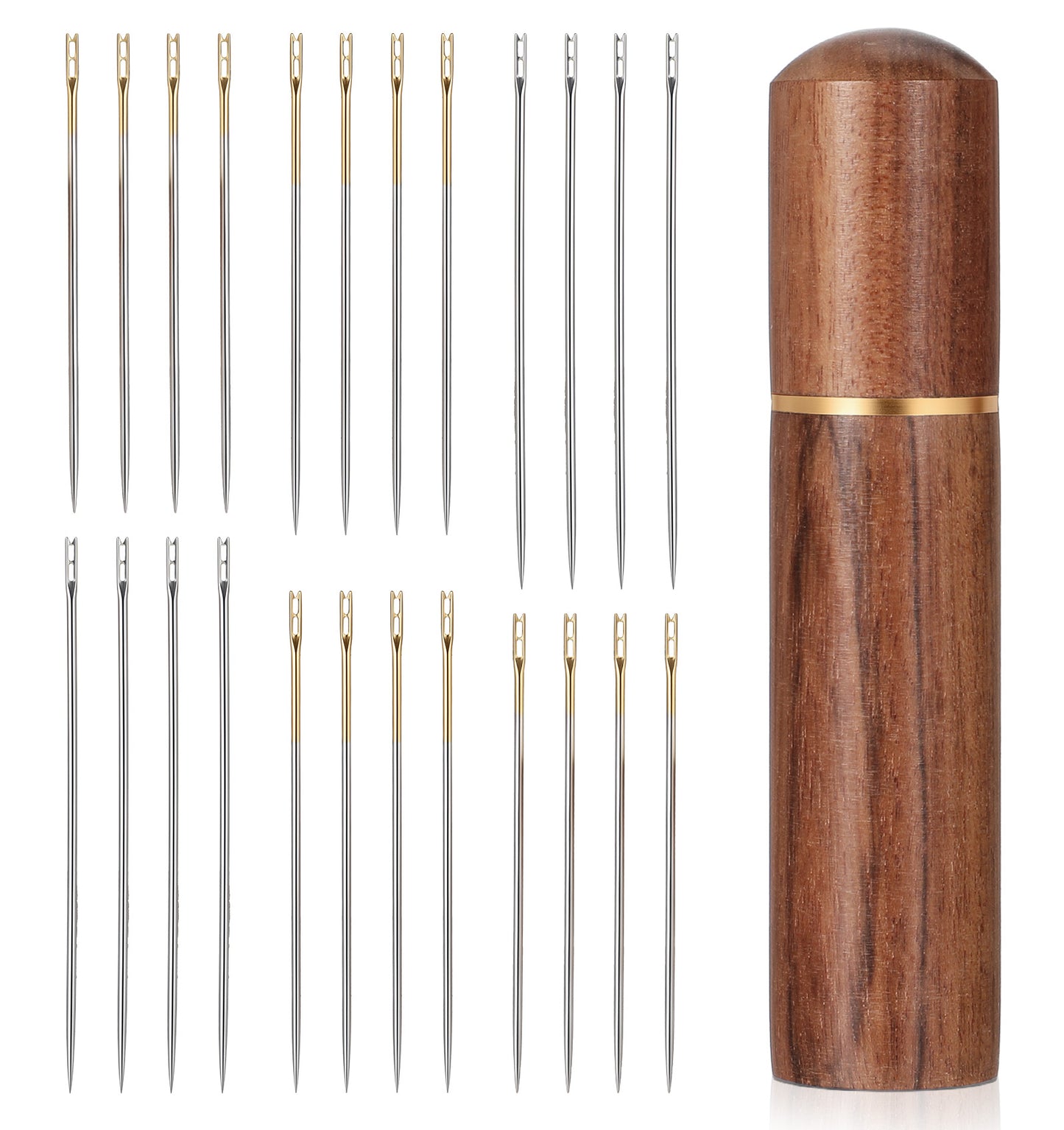 24PCS Self Threading Needles, Stainless Steel Easy Thread Needles Hand Sewing and Wooden Storage Tube (3.6, 3.8, 4.2 Cm)