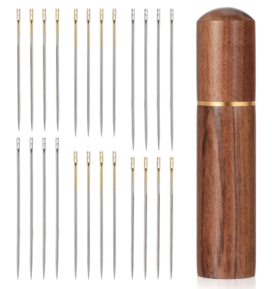 24PCS Self Threading Needles, Stainless Steel Easy Thread Needles Hand Sewing and Wooden Storage Tube (3.6, 3.8, 4.2 Cm)