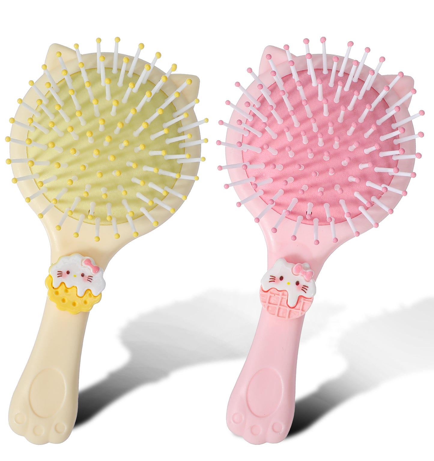 2Pcs Toddler Brush, Cute Kids Hair Brush with Cat Ears & Cat Paw Handle, Cartoon Air Cushion Hair Brush, Pink Yellow Smooth Glide Hair Comb for Girls