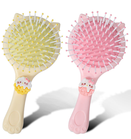 2Pcs Toddler Brush, Cute Kids Hair Brush with Cat Ears & Cat Paw Handle, Cartoon Air Cushion Hair Brush, Pink Yellow Smooth Glide Hair Comb for Girls