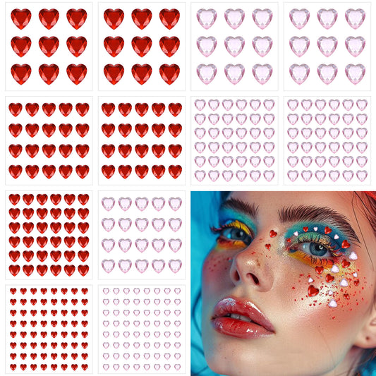 Oruola 516Pcs Face Gems for Women, Rhinestone Stickers, Heart Stick On Gems,4 Different Sizes of Pink & Red Face Gems for Face Hair Body, Wedding Dating Party Decoration DIY Craft,6/10/12/18mm