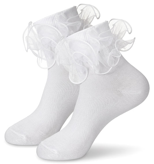 Thrymme White Frilly Socks Women, Ruffle White Lace Socks for Women Girls