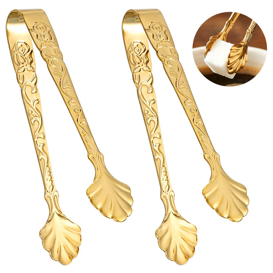 Classicseali 2Pcs Sugar Cube Tongs, Gold Figure Stainless Steel Sugar Tongs, 3.74 Inch Ice Tongs for Large Ice Cubes, for Bar, Desserts, Tea, Coffee Party and Appetizers