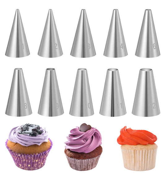 10 Pcs Piping Tips, Cake Tips Set, Stainless Steel Icing Nozzles for Baking, Decorating Cookies, Cupcakes & Doughnuts (Graduated Sizes)