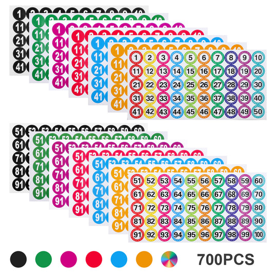 Oruola 14sheets Numbered Stickers,Number Stickers 1-100 (7 Sets/700pcs),Round Self Adhesive Number Labels, Self-Adhesive Diameter 1Inch for Home Office Lockers Bins Organizing Classifying