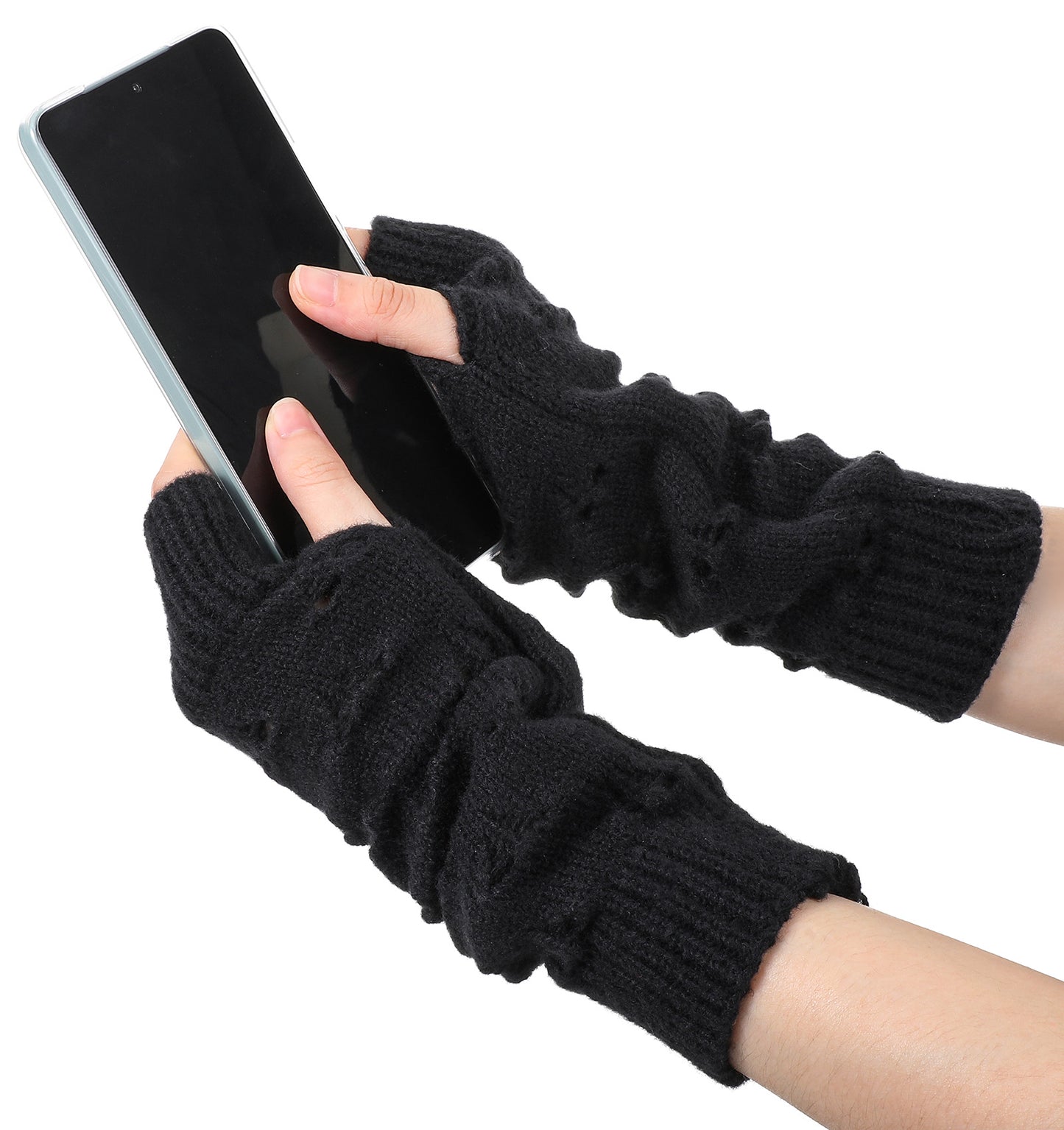 ValueBargain Emo Arm Warmers, Black Goth Fingerless Gloves for Women Heart Ripped Knit Arm Warmers, Goth Accessories, Y2K Punk Grunge Style, Emo Gifts for Teens & Cosplay, Perfect for Winte
