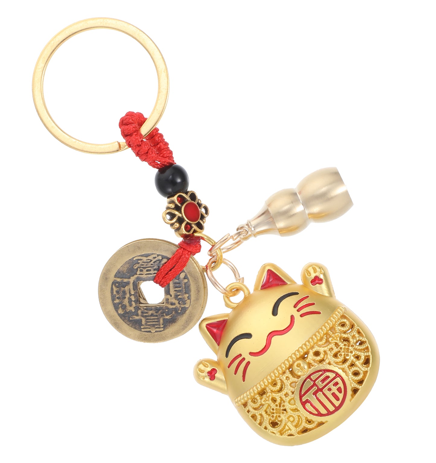 ValueBargain Cat Keyring, Lucky Cat Keychain with Feng Shui Coins, Tassel ＆ Gourd, Maneki Neko Statue Charm for Good Luck, Gift for Cat Lovers