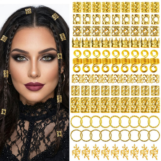 Elegaperma 220 Pcs Gold Hair Cuffs & Hair Charms, Hair Jewellery for Braids with Alloy Beads & Rings, Braid Accessories for Festival Party