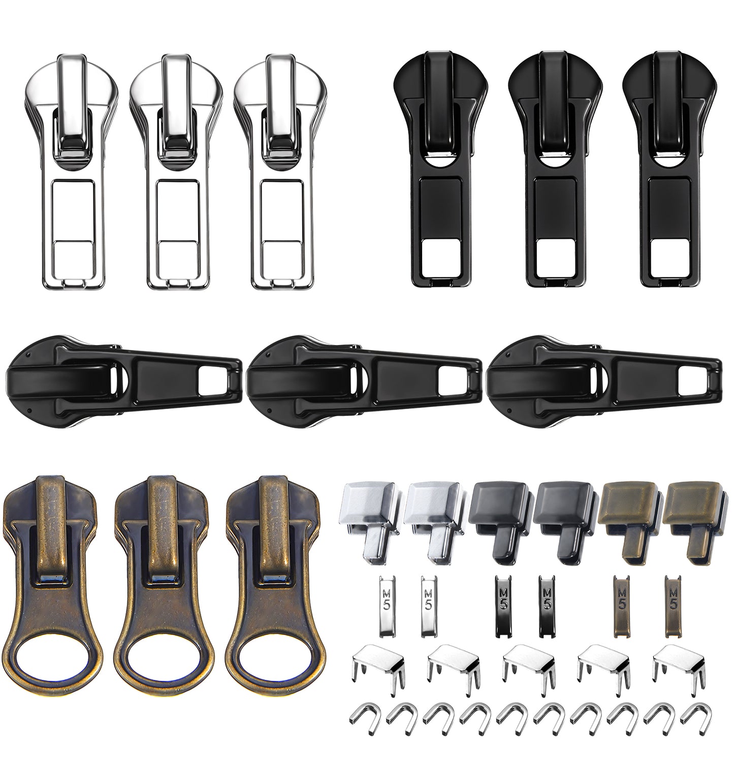 39Pcs Zip Repair Kit, Universal Zipper Repair Kit Replacement for Jackets Backpacks Tents, Zipper Fixer Pull Slider Head Replacement Removable Repairer Tool, Easy to Use, Black Silver Bronze