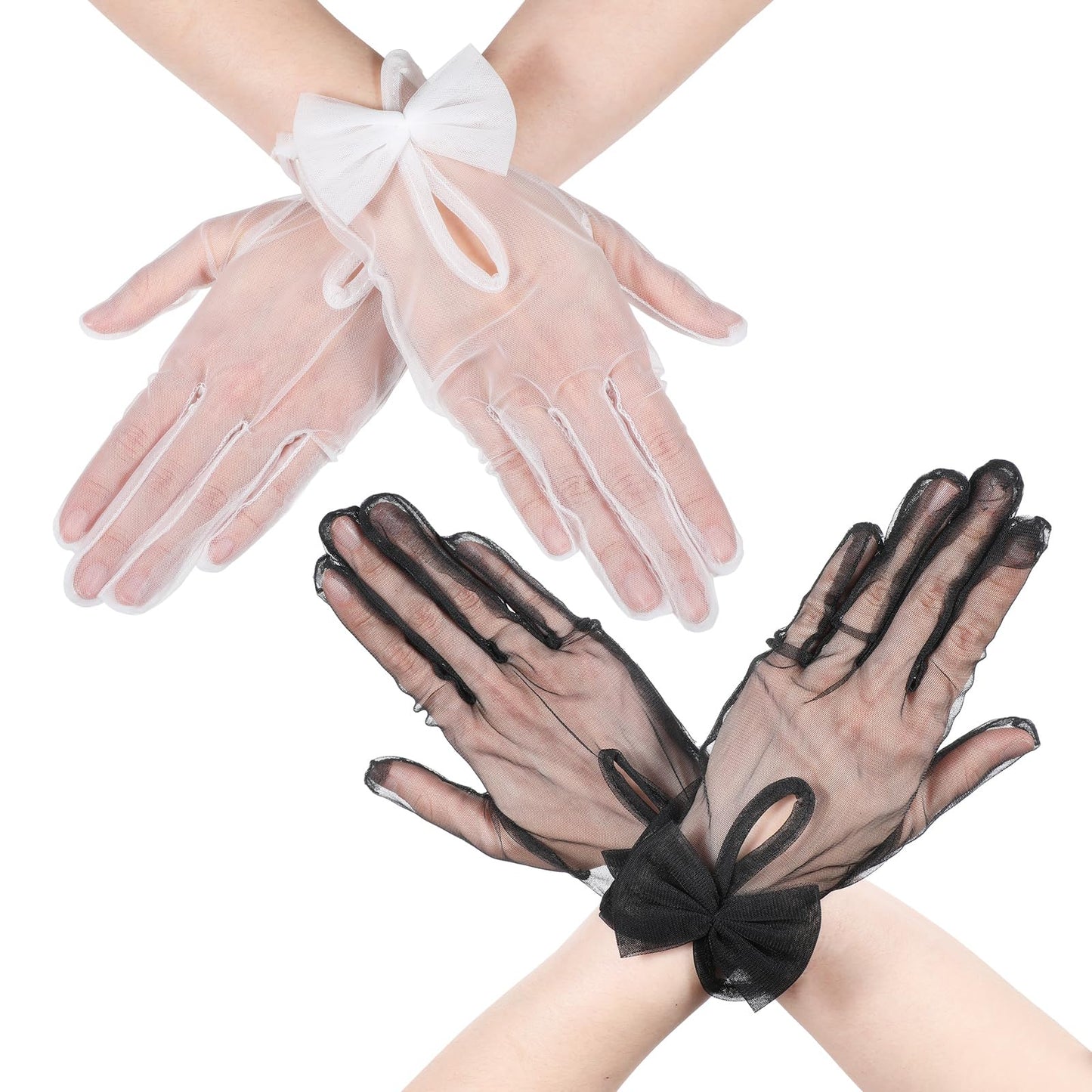 oruola 2 Pairs Tea Party Gloves,Tulle Gloves,White and Black Sheer Gloves for Women,Bow Short Tulle Lace Gloves,Sheer Gloves for Prom Evening Bridesmaids Wedding Opera,Tea Party Accessories for Women