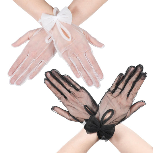 oruola 2 Pairs Tea Party Gloves,Tulle Gloves,White and Black Sheer Gloves for Women,Bow Short Tulle Lace Gloves,Sheer Gloves for Prom Evening Bridesmaids Wedding Opera,Tea Party Accessories for Women
