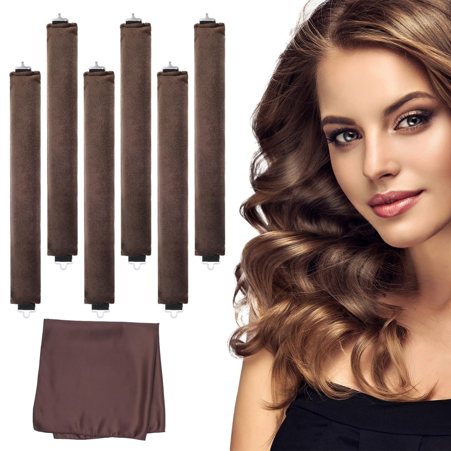 Elegaperma 5 Pcs Overnight Blowout Rods Velvet, No Heat Hair Curlers for Sleep in, Includes 1 Silk Scarf (Brown, 11.8 x 1.2 In)